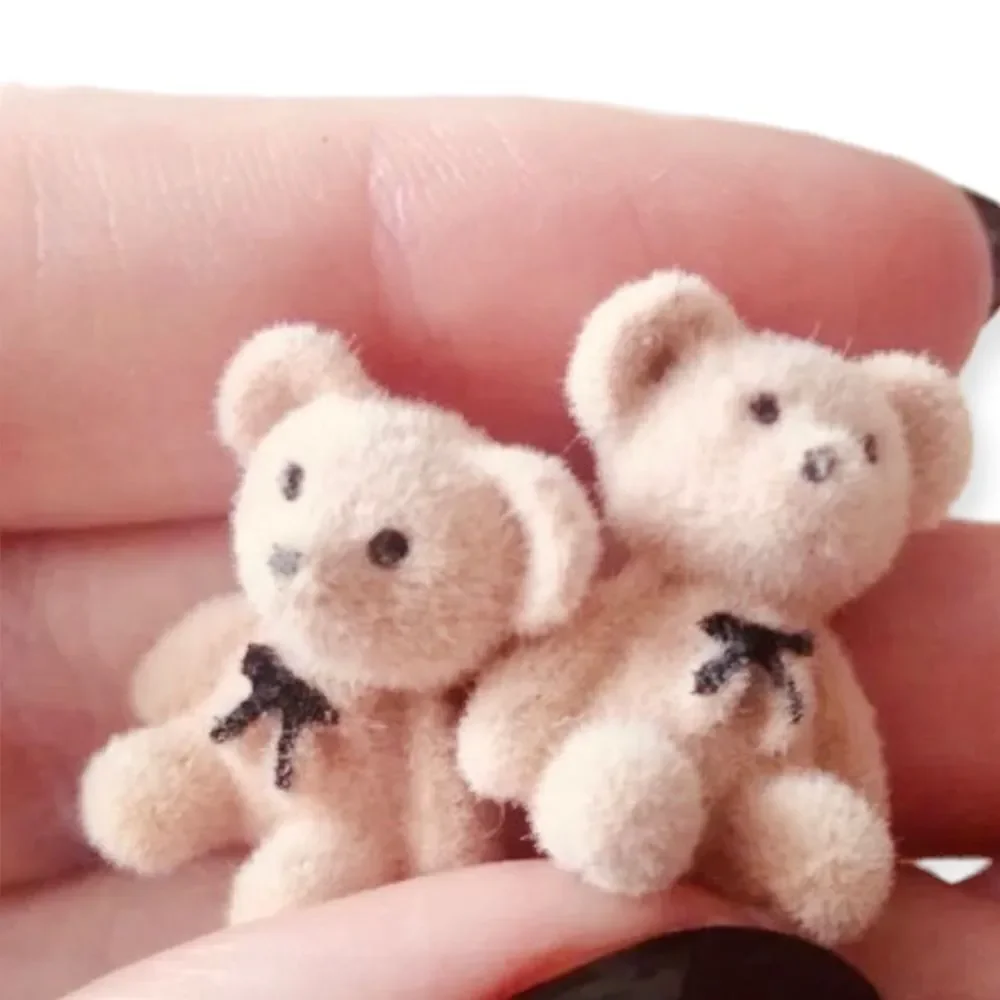 Cute Tan Teddy Bear Flocked Fuzzy Black Bow  Post Earrings